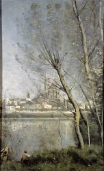 Mantes, Vue de la cathédrale et de la ville à travers les arbres, vers 1865-70